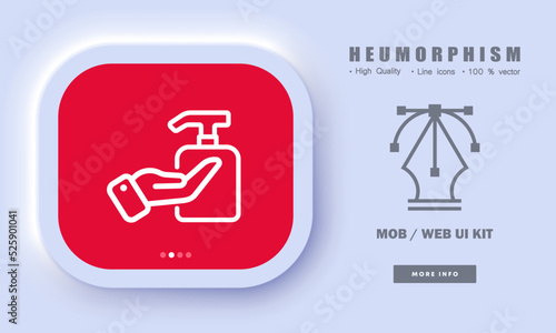 Wash hands line icon. Antibacterial soap, antiseptic, healthcare, virus, germs protection, pathogens, care. Personal hygiene concept. Neomorphism style. Vector line icon for Business and Advertising