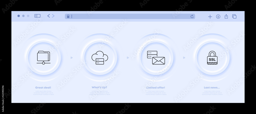 Remote storage of information set icon. Cloud storage, shared folder, database, server, letter, email, lock. Technology concept. Neomorphism website interface. Vector line icon for Advertising Remote storage of information set icon. Cloud storage, shared folder, database, server, letter, email, lock. Technology concept. Neomorphism website interface. Vector line icon for Advertising