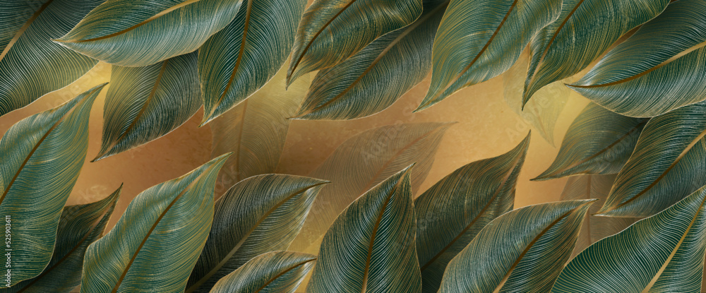Luxury golden art background with green and tropical leaves in line ...