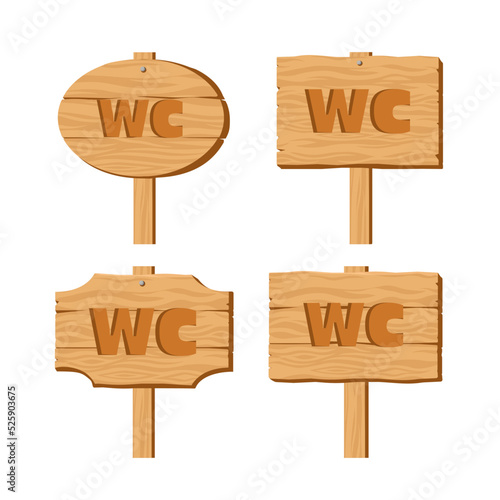 Set of wooden WC signs vector illustration in cartoon style. Rough restroom signs made of Wooden bricks. Toilet guidepost