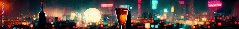 Fototapeta premium Cocktails and metropolis city night life panorama. 3d art render.