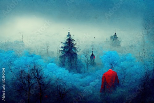Forest with fog and human body surreal illustration.
