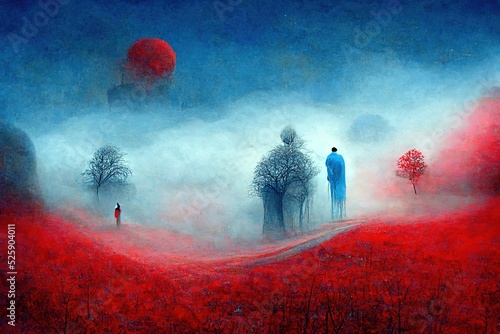 Landcape with fog creepy landscape. Surrealism paitning.
