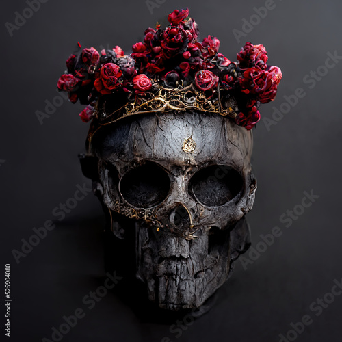 Human skull with crown of flowers. 3d render art.