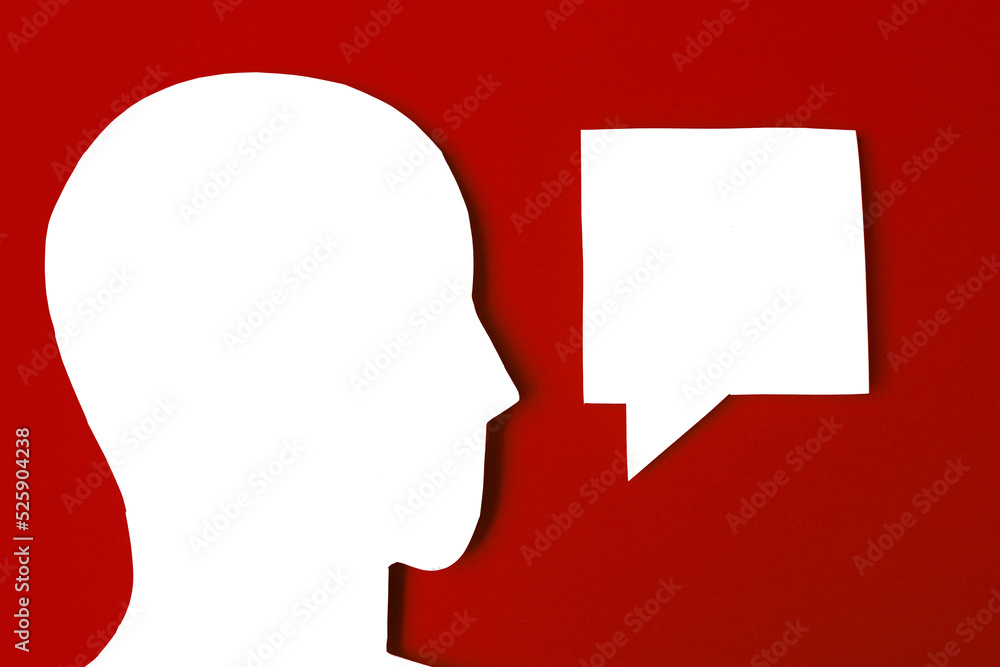  paper face and speech bubble on colorbackground copy space for text, communication, symbolic- Image