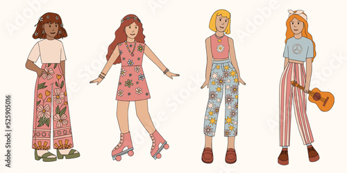 Cute girl in hippie groovy style. Hand drawn doodle style vector design illustrations. Rollers girl
