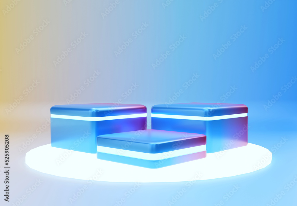 Gradient blue and pink podium with neon light line. Stand to show products. Stage showcase with colorful scene for presentation. Pedestal display. 3D rendering. Studio platform template Gradient blue and pink podium with neon light line. Stand to show products. Stage showcase with colorful scene for presentation. Pedestal display. 3D rendering. Studio platform template