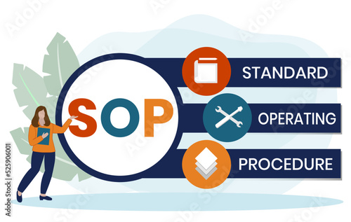 SOP, Standard Operating Procedure. Concept with keywords, letters and icons. Colored flat vector illustration. Isolated on white background.