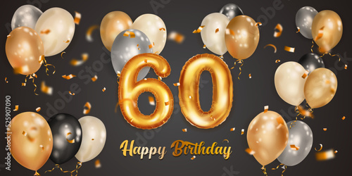 Festive birthday illustration with white, black and gold helium balloons, big number 60 golden foil balloon, flying shiny pieces of serpentine and inscription Happy Birthday on dark background