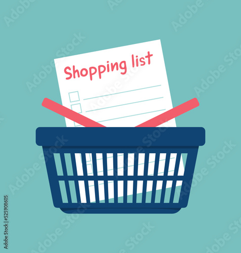 Shopping list in a plastic shopping basket on a turquoise background. Flat vector illustration