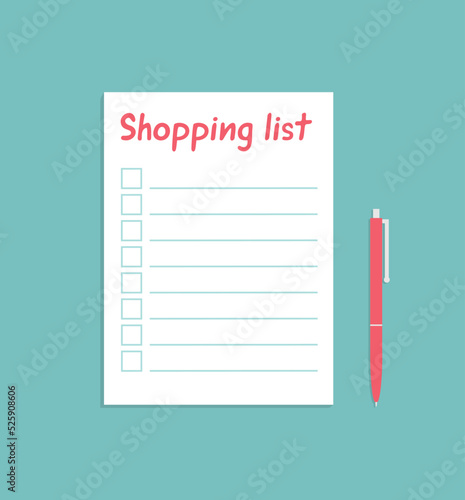 A white sheet of paper with a shopping list and a pen on a turquoise background. Flat vector illustration