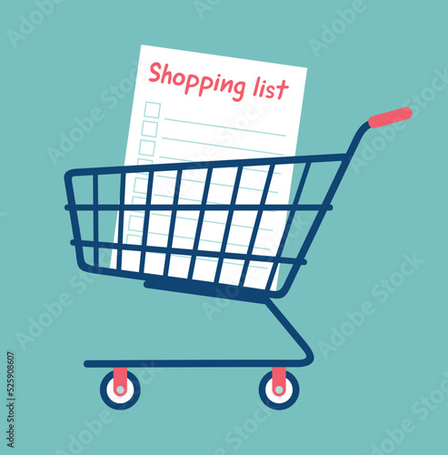 Shopping list in a supermarket shopping cart on a turquoise background. Flat vector illustration