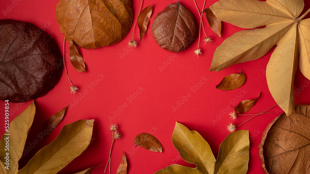 AUTUMN, RED BACKGROUND WITH DRY LEAVES AUTUMN, RED BACKGROUND WITH DRY LEAVES