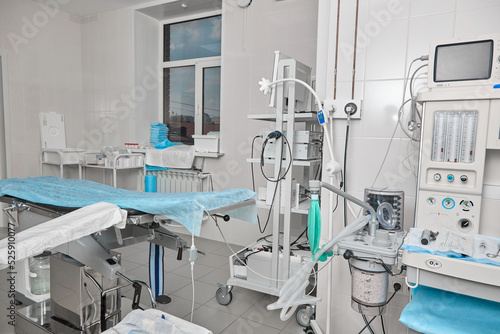 Sterile modern operating room with high-tech equipment in the hospital. Operating room equipped with modern equipment for complex operations