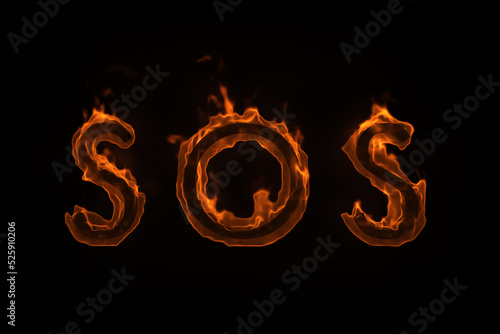 burning word sos isolated on black photo