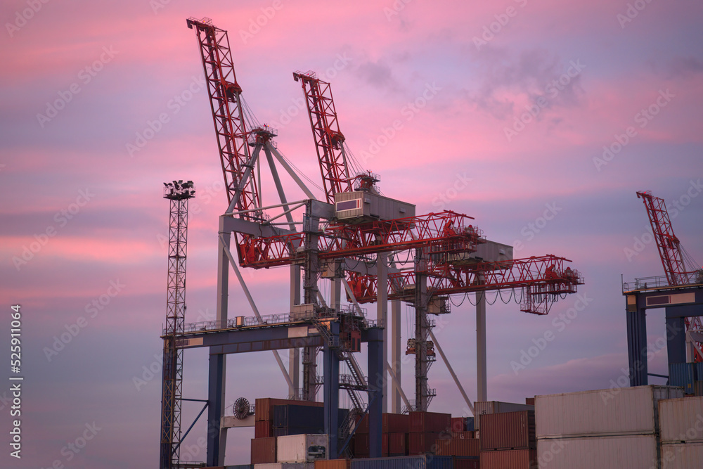 industrial port with containers. Stacks of containers in port at terminal. Berthing cranes industrial port with containers. Stacks of containers in port at terminal. Berthing cranes