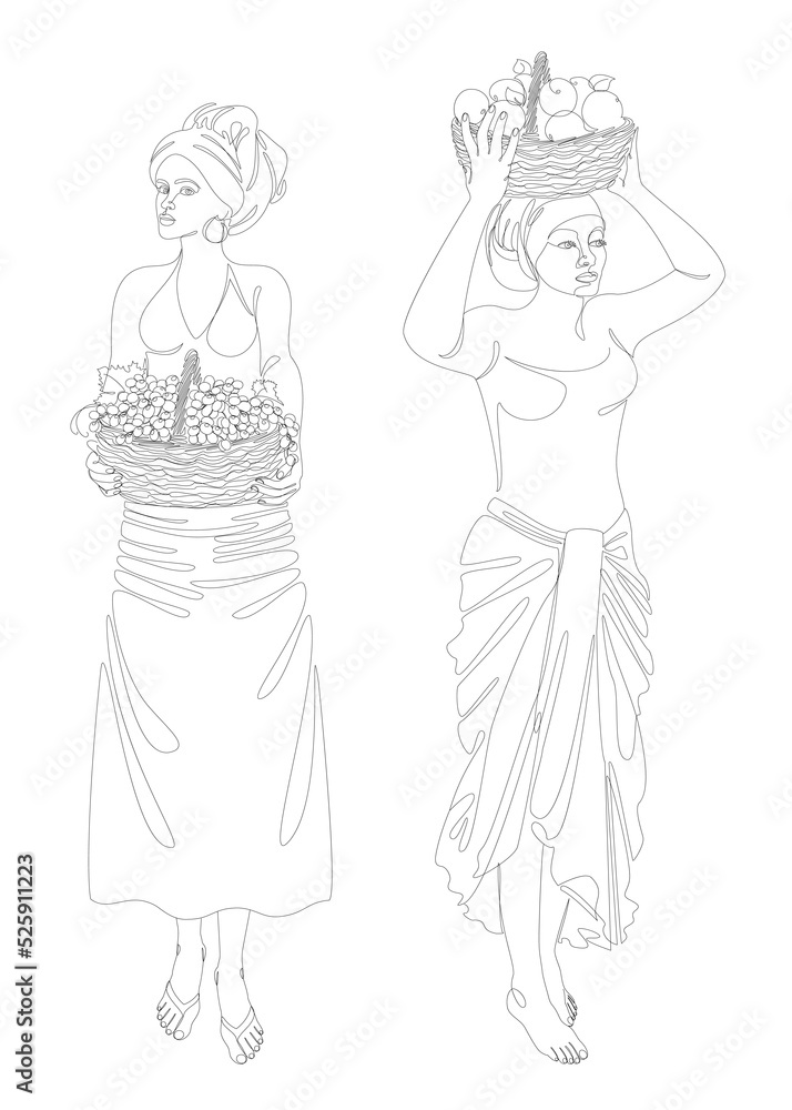 Collection. Silhouettes of a girl in a headscarf. The lady is holding a basket of grapes and bananas. Woman in modern one line style. Solid line, outline, logo. Vector illustration, set. Collection. Silhouettes of a girl in a headscarf. The lady is holding a basket of grapes and bananas. Woman in modern one line style. Solid line, outline, logo. Vector illustration, set.