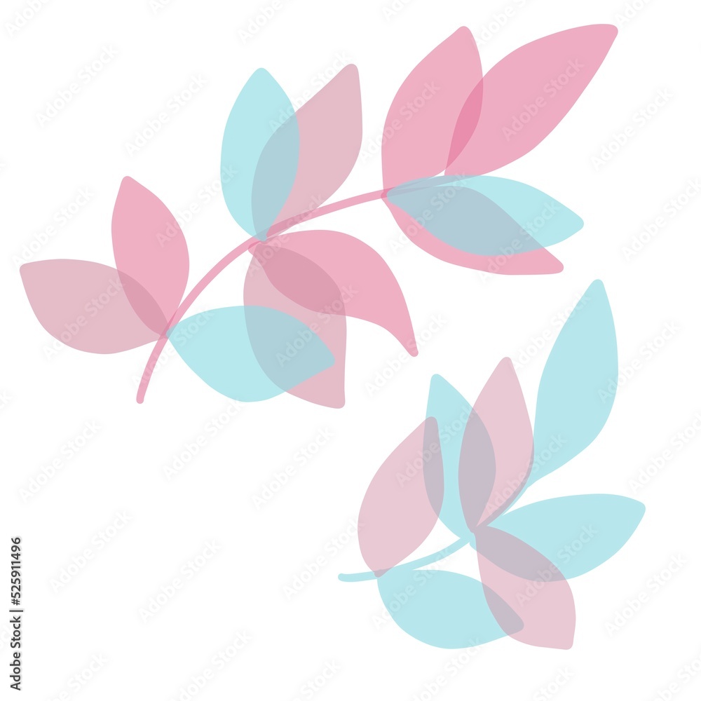 set of sprigs of pink and blue leaves