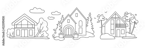 Neighborhood line art cityscape, town city street and residential buildings, vector outline landscape.