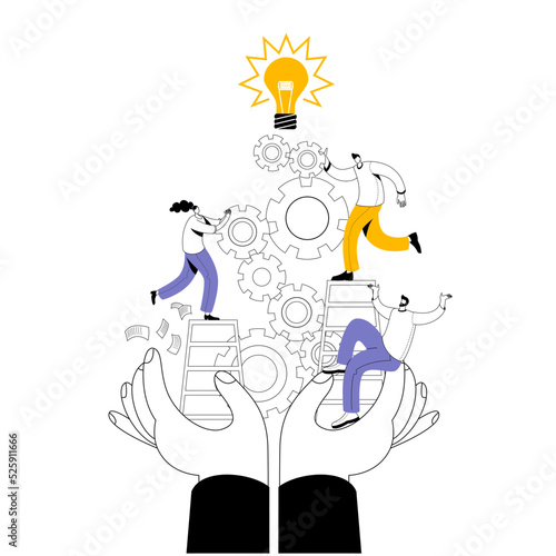 The hands hold characters who work with gears. The concept of a vector illustration in a flat style for team management and project support.