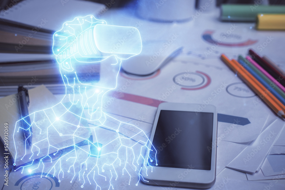 Double exposure of man wearing VR glasses drawing and mobile phone background. Concept of AR, reality Double exposure of man wearing VR glasses drawing and mobile phone background. Concept of AR, reality