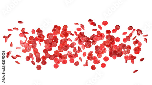Blood cells under a microscope, PNG file. Chaotic blood cells, transparent background. Concept of medicine or donor's day. 3D render. 
