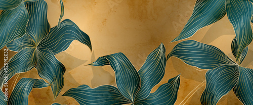 Abstract luxury golden art background with tropical leaves in line style. Botanical banner with exotic plants for decoration, wallpaper, interior design, packaging, print.