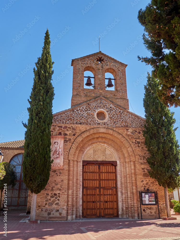 Puerto Lápice, Spain - October 8, 2021:  Facade of the church Parroquia de Nuestra Señora del Buen Consejo y San Anton. Puerto Lápice, Ciudad Real, Castilla La Mancha, Spain, Europe
