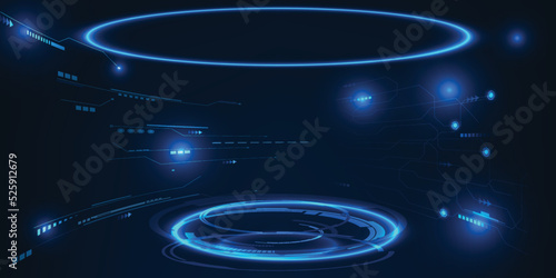 Vector illustrations of futuristic digital technology stage layout for showcase with neon blue futuristic pedestal or stage.Future tech design concepts.
