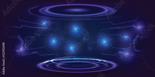 Vector illustrations of futuristic technology stage layout with empty pedestal or podium for hi-tech product and game showcase.Future technology concepts.