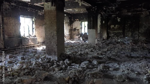 2022 - the devastated interior of the Bucha concert music hall in Bucha, Ukraine following the Russian invasion. photo