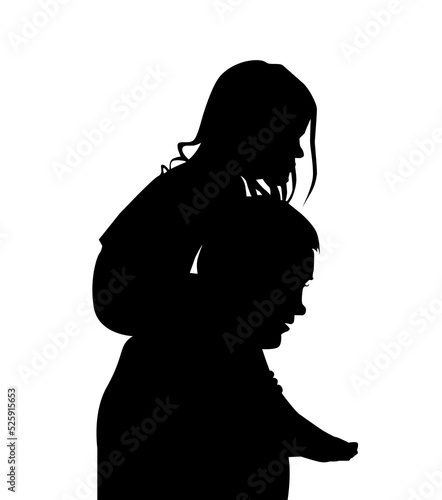 Silhouette of a father with a daughter on his shoulders. vector illustration.