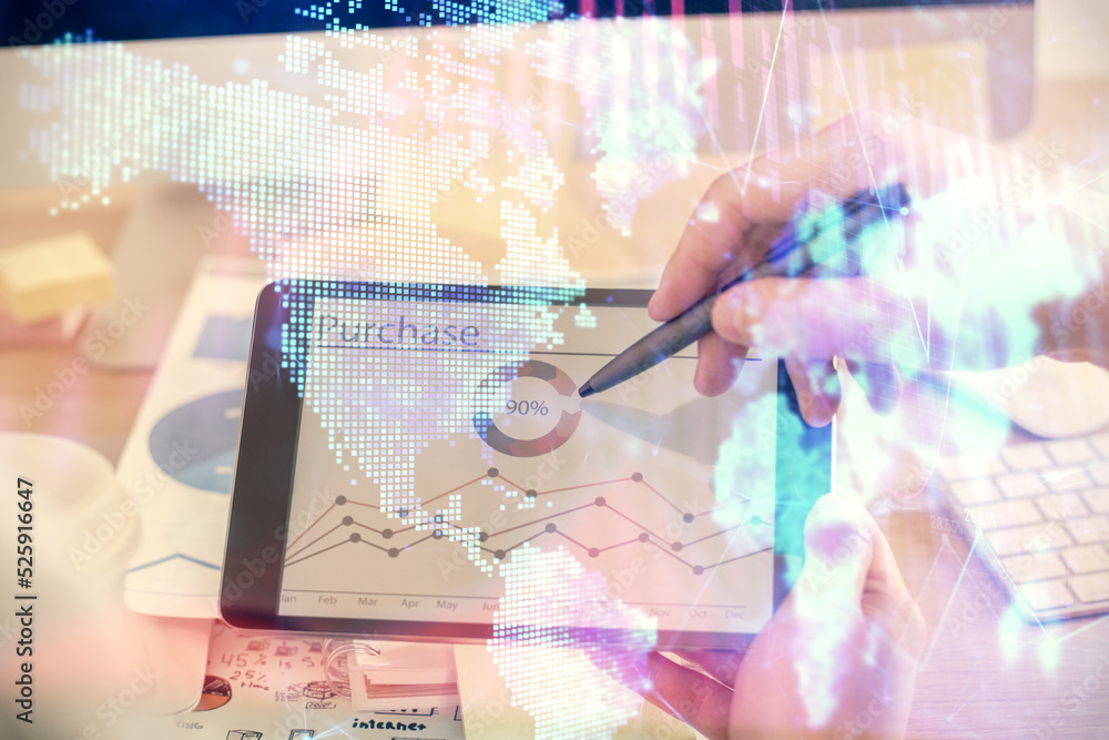 Double exposure of man's hands holding and using a phone and financial chart drawing. Market analysis concept. Double exposure of man's hands holding and using a phone and financial chart drawing. Market analysis concept.