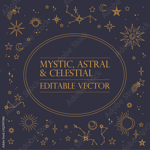 Astral celestial frame with stars, hands, sun, moon phases, and copy space. Mystic design. Ornate magical banner with a place for text. Linear geometric border