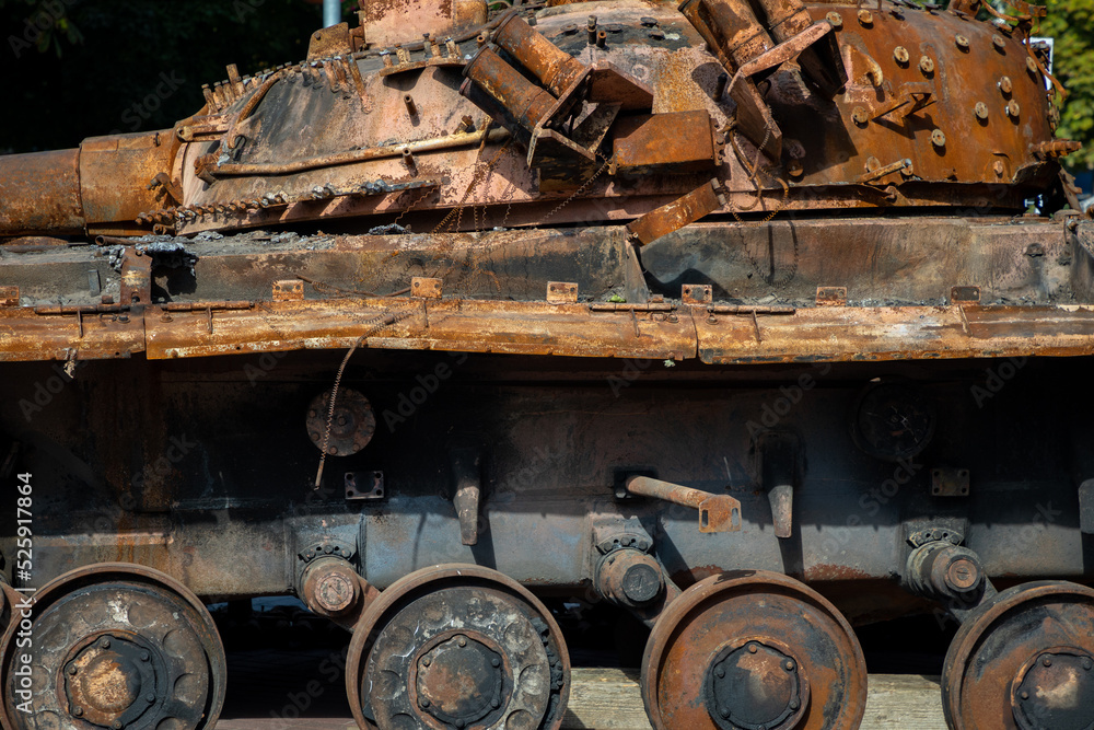 Destroyed military equipment of Russia in the war with Ukraine. Burnt Russian tank.