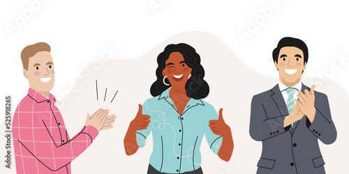 Smiling People Clapping hands thanking or showing appreciation at Event. Multicultural People Applaud celebrate good deal. Acknowledgement and gratitude. Flat vector illustration.