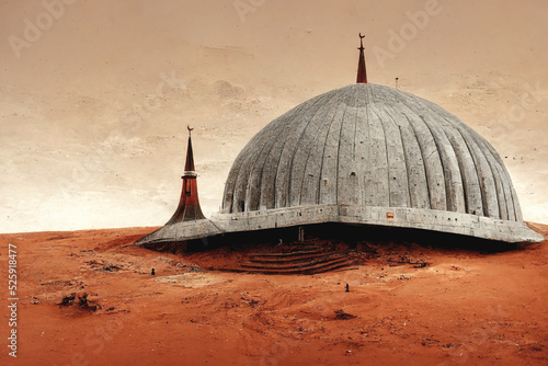 First mosque on Mars. Futuristic AI-generated 3D-image, not based on any actual scene