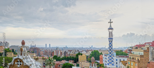 Barcelona view from Park Güell entrance area, Catalonia.