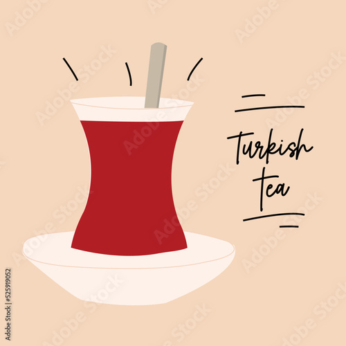 Turkish tea glass flat illustration. Hot black tea.