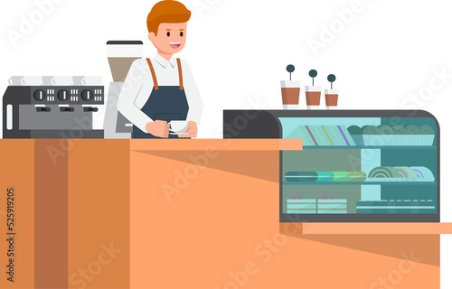 Barista behind counter bar of the coffee shop. Coffee shop bar counter design.