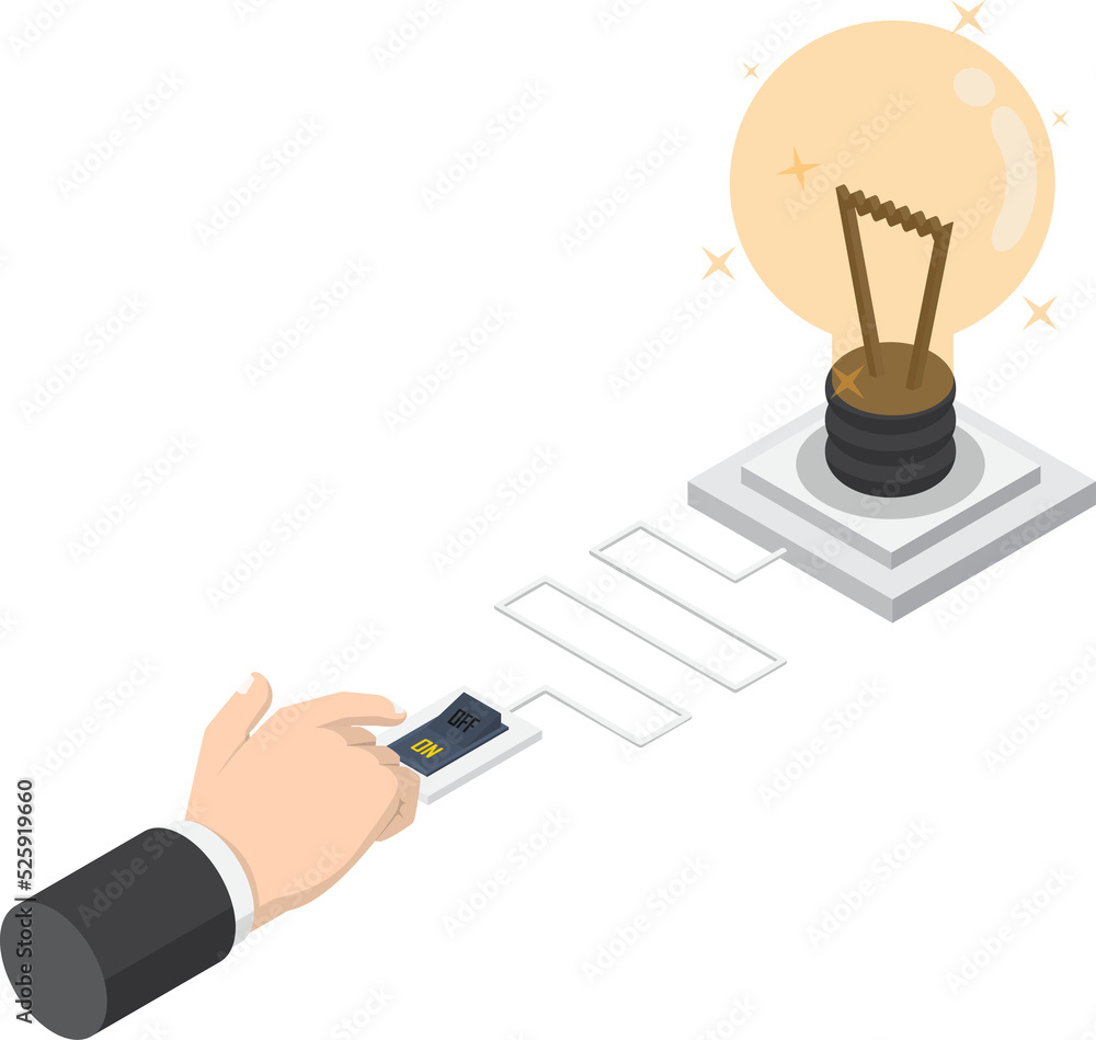 Flat 3d isometric businessman hand pushing switch to turn light bulb of ...