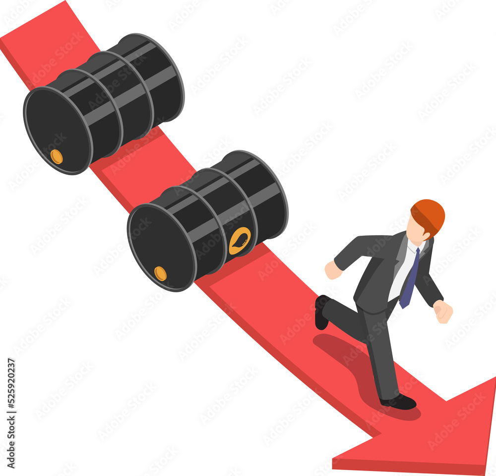 Flat 3d isometric businessman running away from falling oil barrels on the red graph. Decreasing of oil price and petroleum industry concept.
