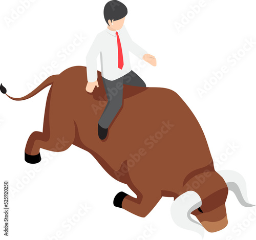 Flat 3d isometric businessman sitting on angry bull back. Bullish stock market and financial concept.