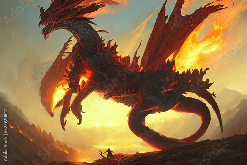 The heroic warrior bravely faced the dragon, digital painting Fototapet