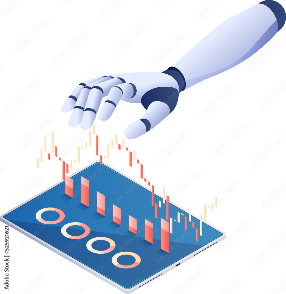 3d Isometric AI Artificial Intelligence Hand Contoling Stock Market