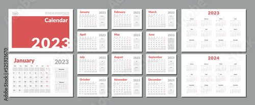 Set of 2023-2024 Calendar Planner Template with Place for Photo and Company Logo. Vector layout of a wall or desk simple calendar with week start monday. Calendar grid in grey color for print