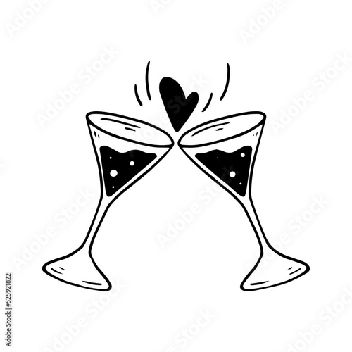 Doodle sketch of two glasses of wine and a heart.Vector graphics.