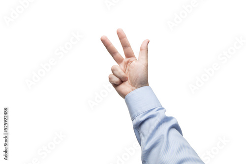 Hand shows the number three with the thumb index and middle fingers