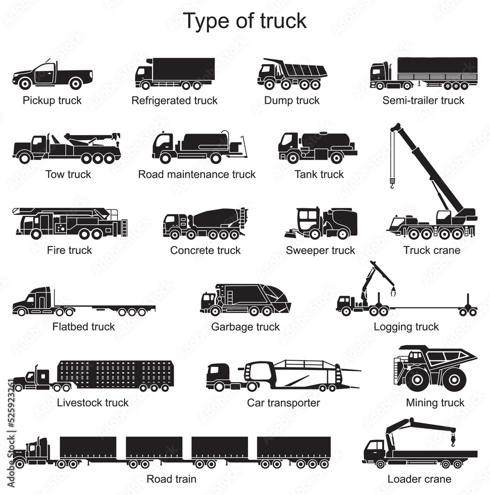 Detailed icons of truck of different types. Vector illustration
