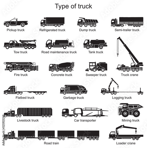 Detailed icons of truck of different types. Vector illustration